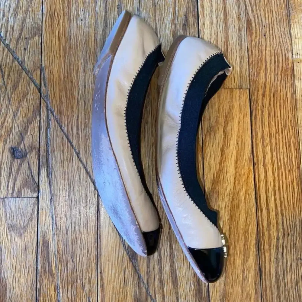 Tory Burch Ballet Flats, Beige Leather with Black Cap Toe - Women's Size 7